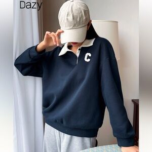 SHEIN | DAZY Navy Blue White Letter “C” Polo Collar Sweatshirt Sweater M